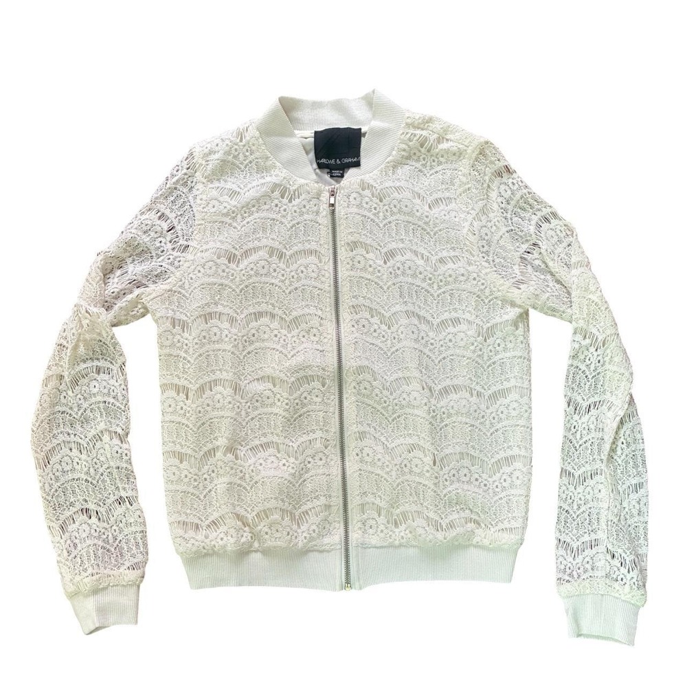 Harlowe & Graham White Lace Bomber Jacket Womens Small Floral Crochet Zip Front